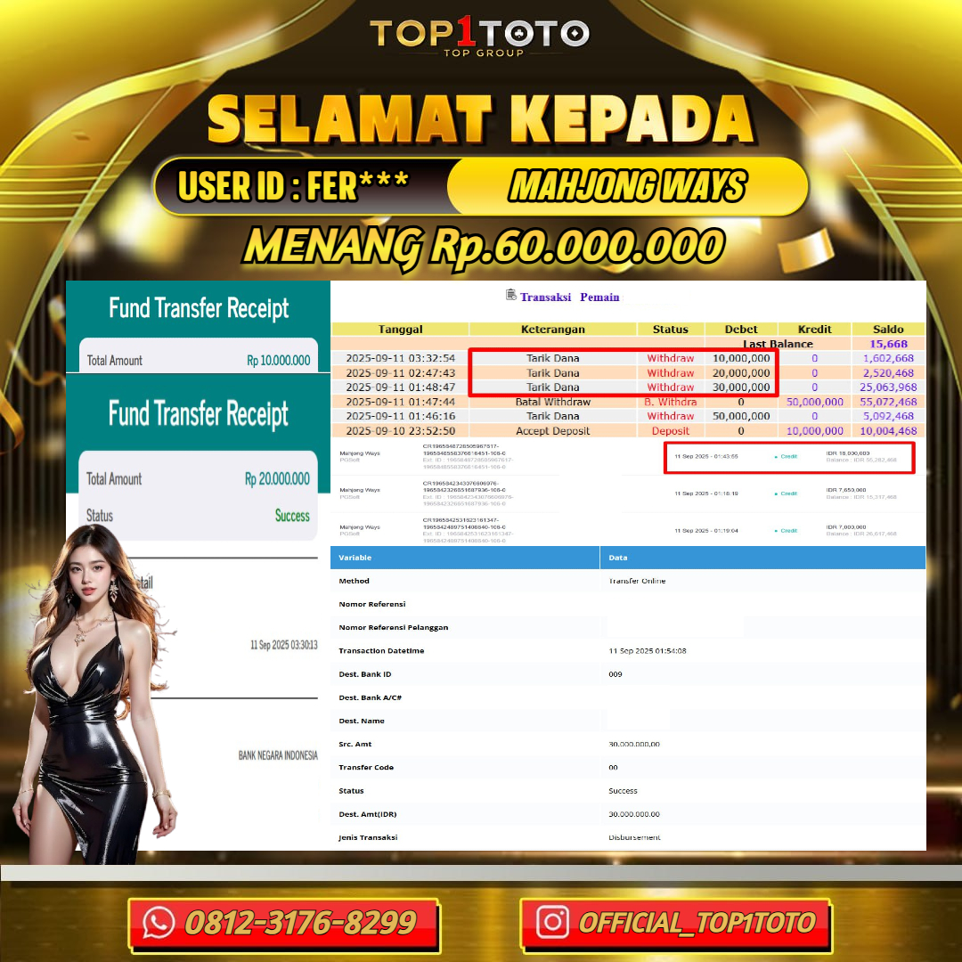 TOP1TOTO JACKPOT SLOT MAHJONG WAYS Rp.60.000.000 - LUNAS USER ID : FER***
