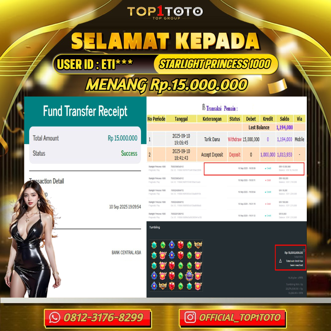 TOP1TOTO JACKPOT SLOT STARLIGHT PRINCESS 1000 Rp.15.000.000 - LUNAS USER ID : ETI***