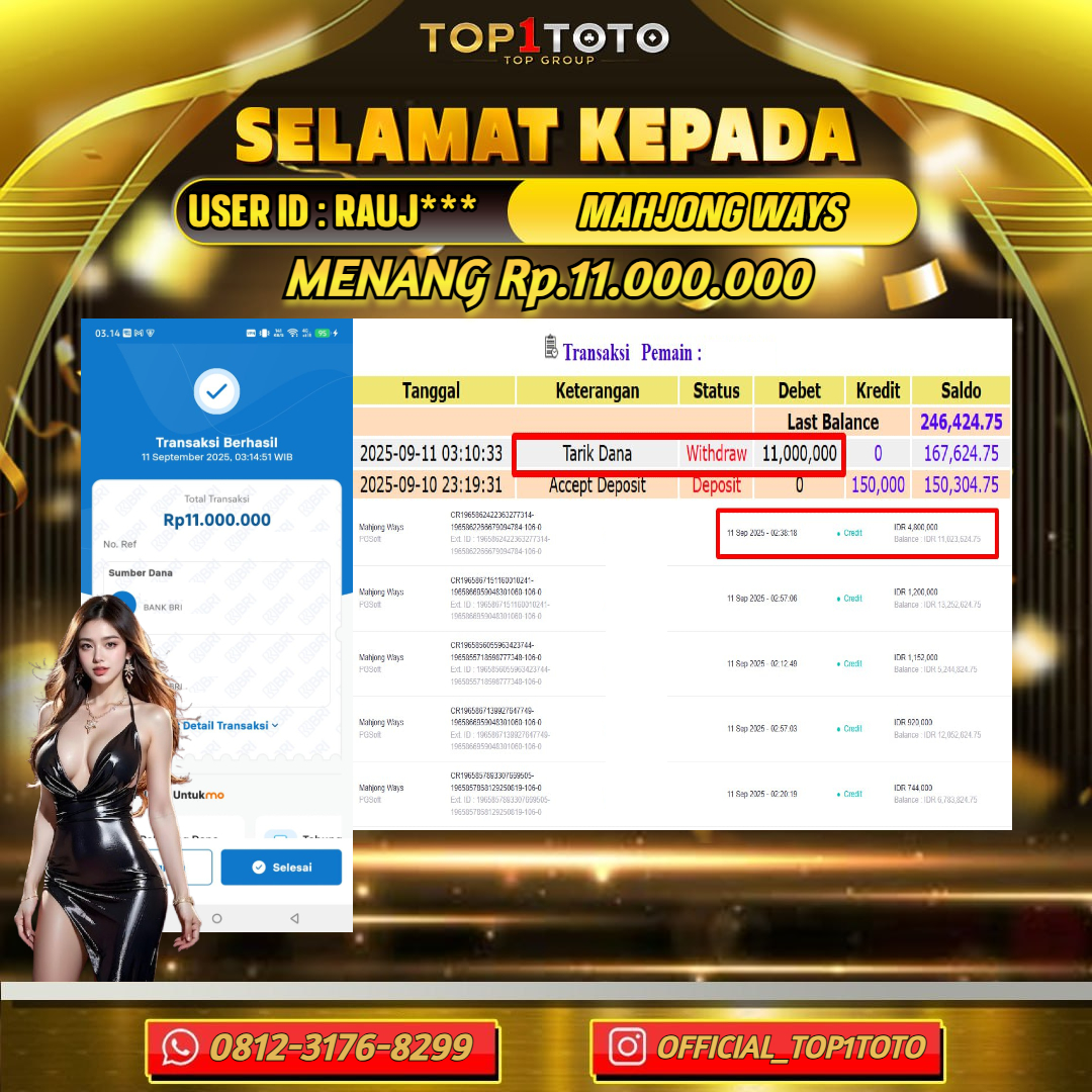 TOP1TOTO JACKPOT SLOT MAHJONG WAYS Rp.11.000.000 - LUNAS USER ID : RAUJ***