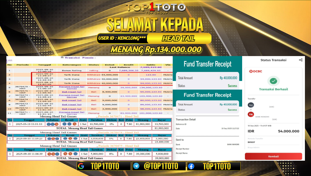 TOP1TOTO JACKPOT LIVE GAMES HEAD TAIL Rp 134.000.000 - LUNAS USER ID : KENCLONG***