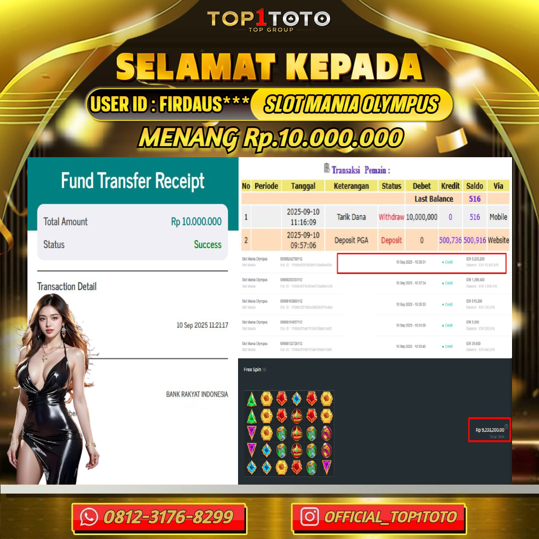 TOP1TOTO JACKPOT SLOT SLOT MANIA OLYMPUS Rp.10.000.000 - LUNAS USER ID : FIRDAUS***