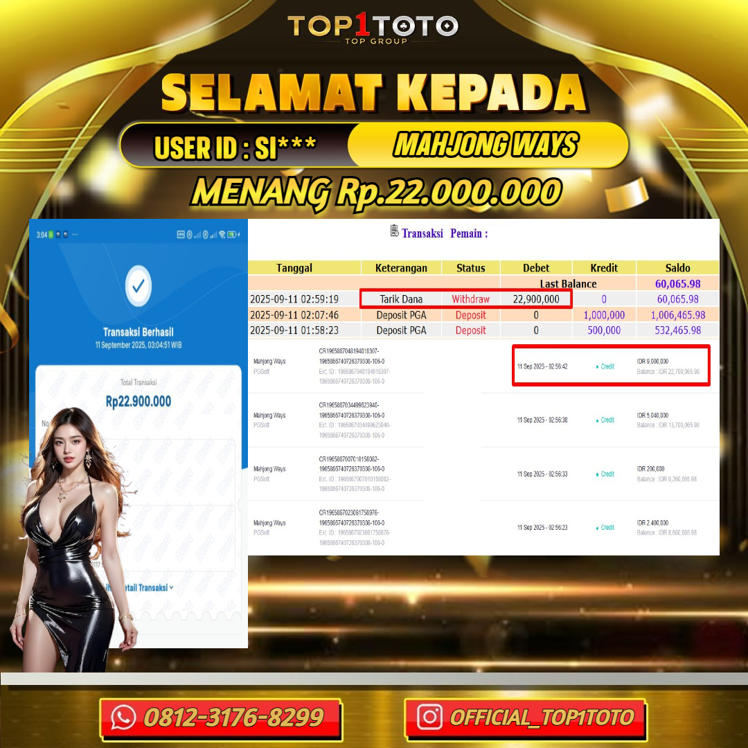 TOP1TOTO JACKPOT SLOT MAHJONG WAYS Rp.22.000.000 - LUNAS USER ID : SI***