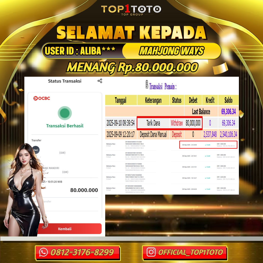 TOP1TOTO JACKPOT SLOT MAHJONG WAYS Rp.80.000.000 - LUNAS USER ID : ALIBA***